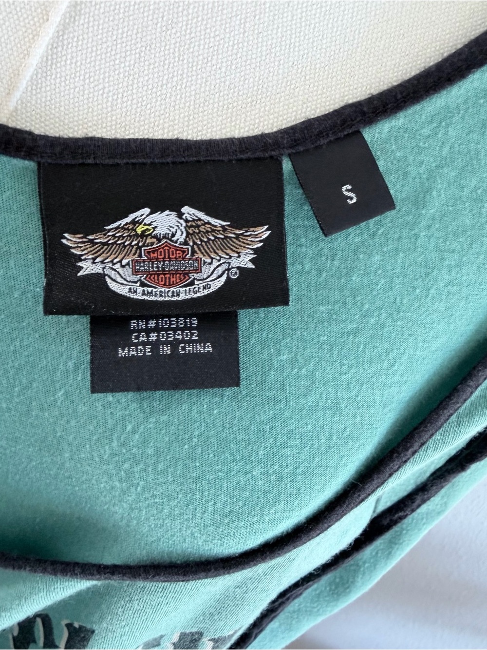 Harley-Davidson Teal Short-Sleeve Scoop Neck Top with Black Lace Trim - Picture 6 of 7